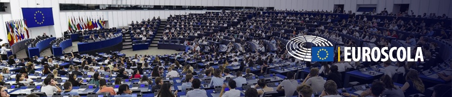 Vue sur hémicycle du Parlement européen avec logo Euroscola